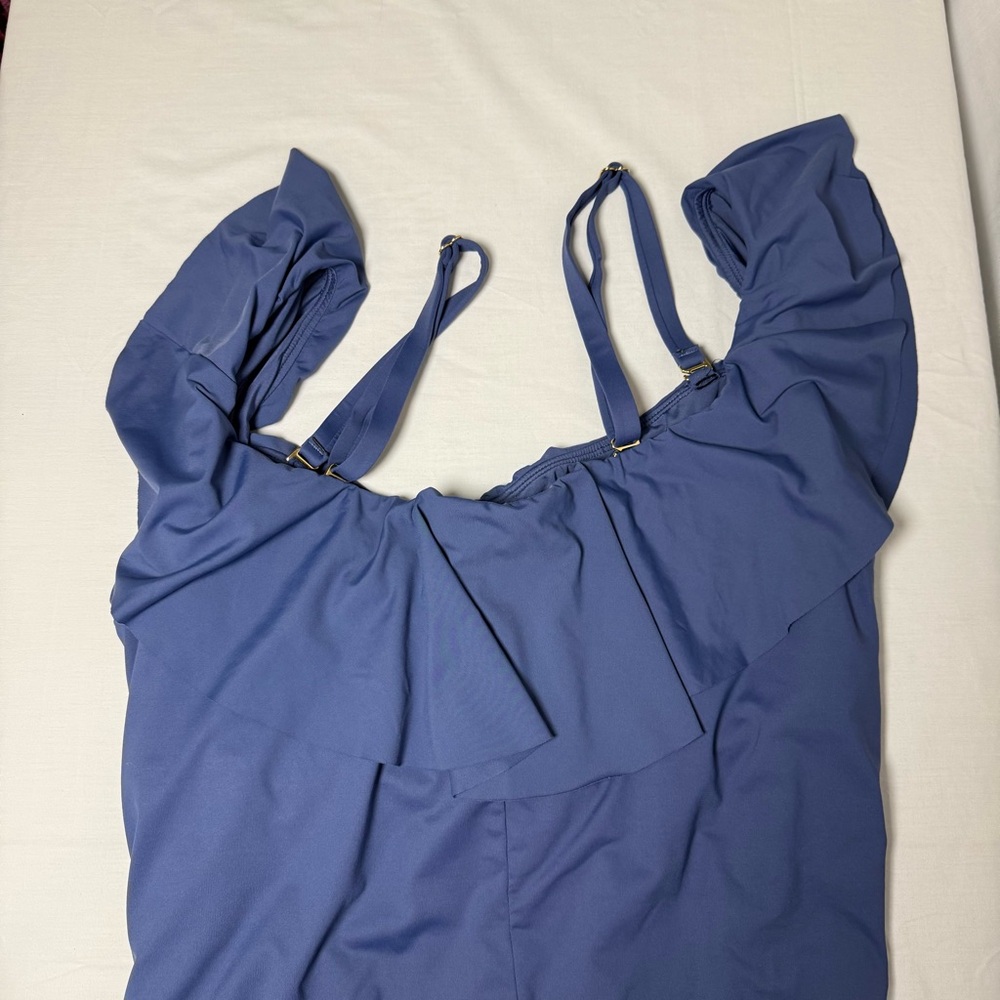 La Blanca Island Goddess Off Shoulder Ruffle One Piece Swimsuit Indigo 20W New - Picture 9 of 14